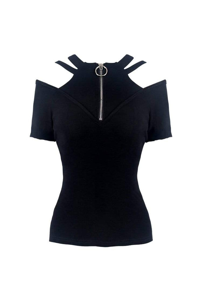Darkinlove Women's Punk Front Zipper Off Shoulder Short Sleeved T-shirts
