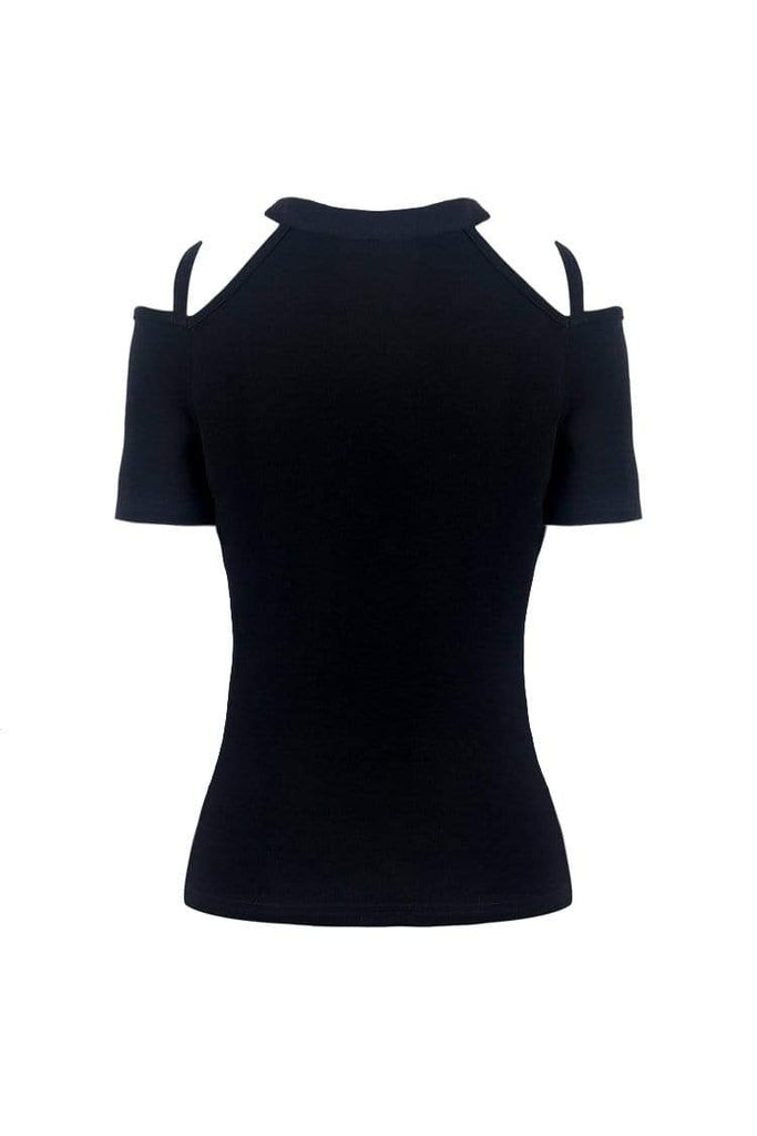 Darkinlove Women's Punk Front Zipper Off Shoulder Short Sleeved T-shirts