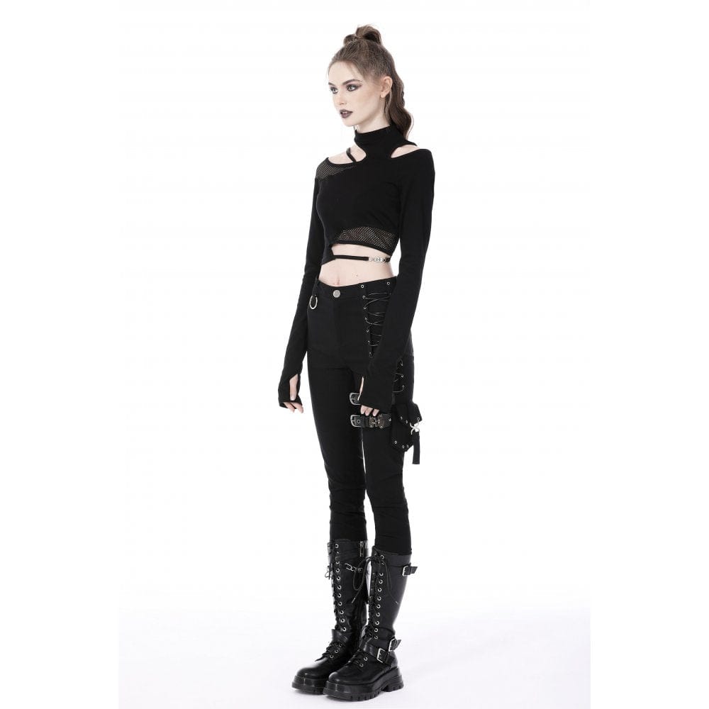 Darkinlove Women's Punk Irregular Cutout Mesh Splice Crop Top