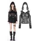 Darkinlove Women's Punk Off Shoulder Skull Mesh Shirt with Hood
