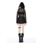Darkinlove Women's Punk Off Shoulder Skull Mesh Shirt with Hood