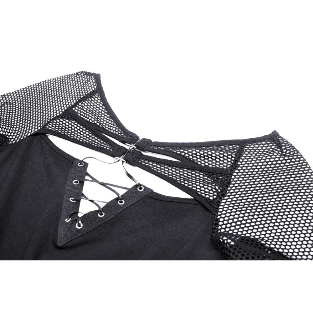 Darkinlove Women's Punk Plunging Mesh Splice Shirt with Oversleeves