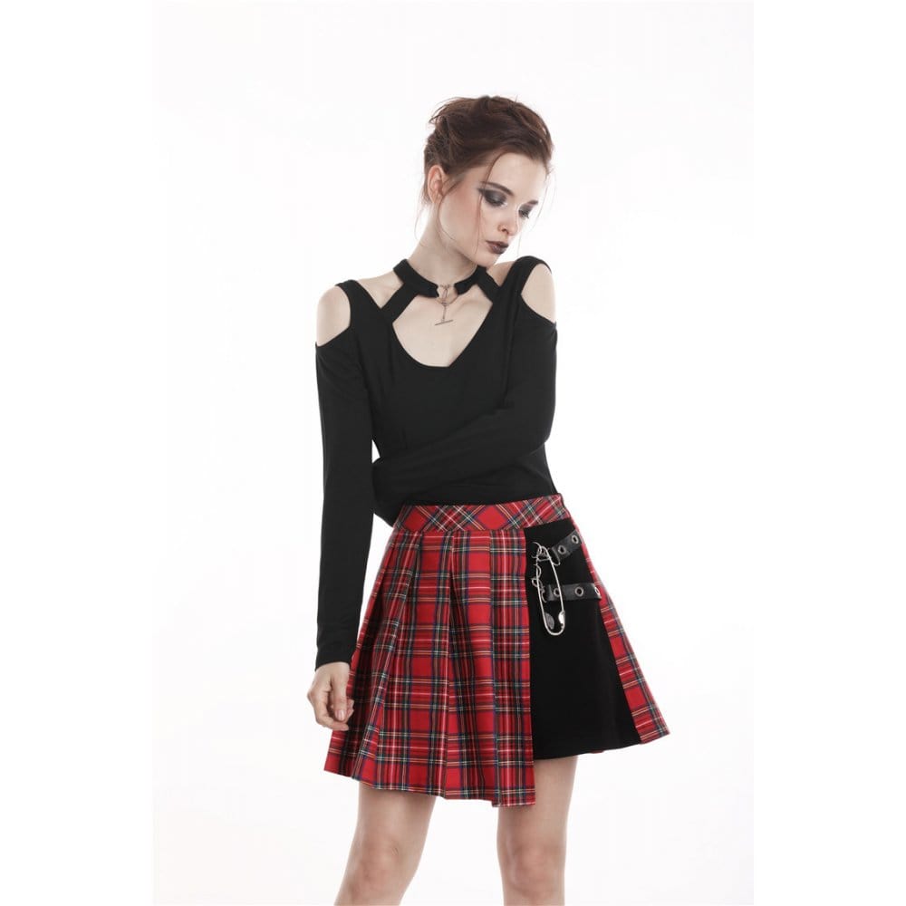 Darkinlove Women's Punk Red Plaid Pleated Skirt