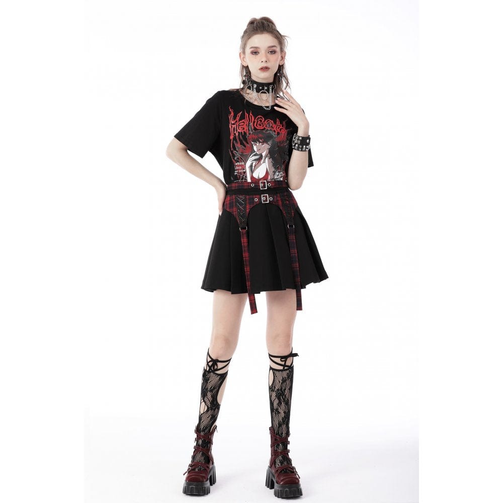 Darkinlove Women's Punk Rock Pleated Skirt with Red Plaid Strap