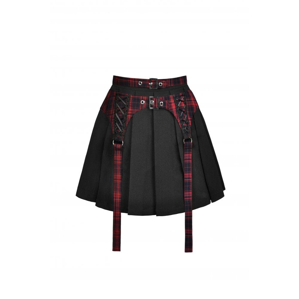 Darkinlove Women's Punk Rock Pleated Skirt with Red Plaid Strap