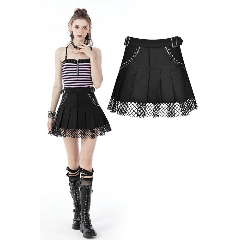 Darkinlove Women's Punk Rock Studded Net Hem Short Skirt
