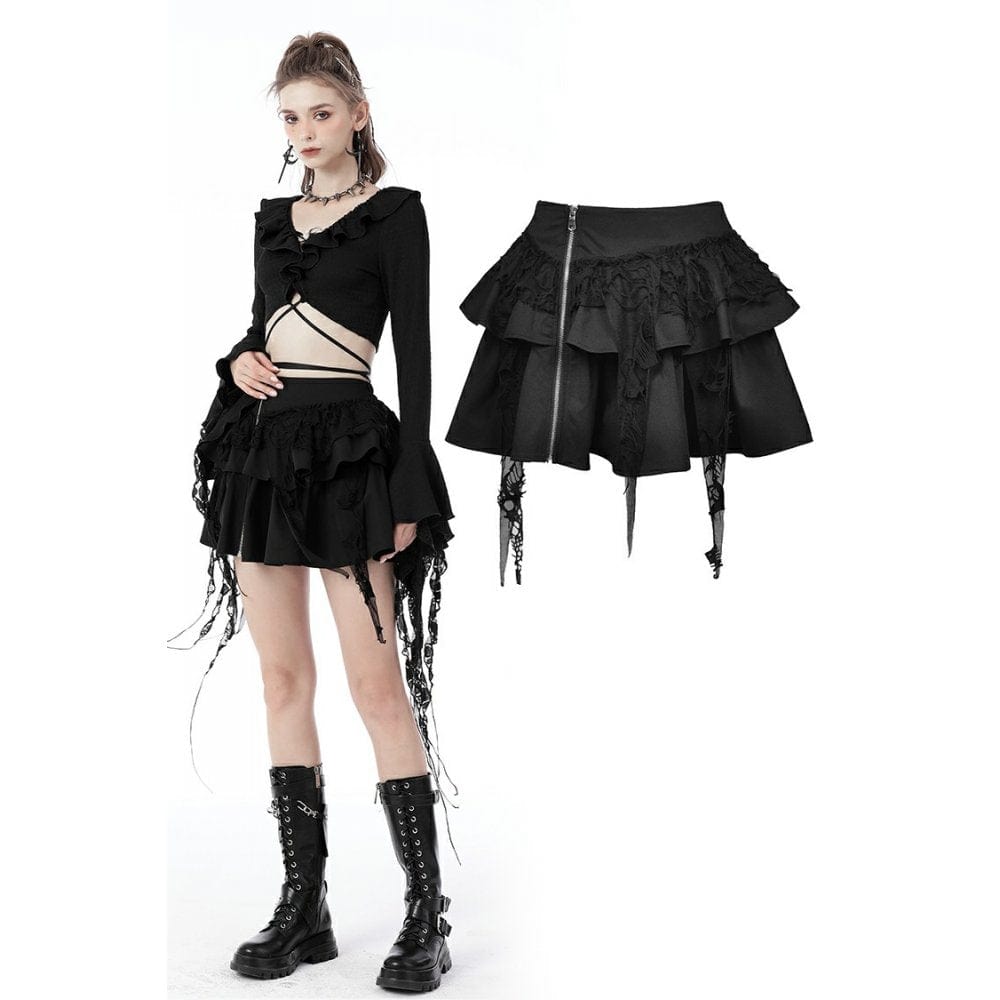 Darkinlove Women's Punk Side Zip Ruffles Short Skirt