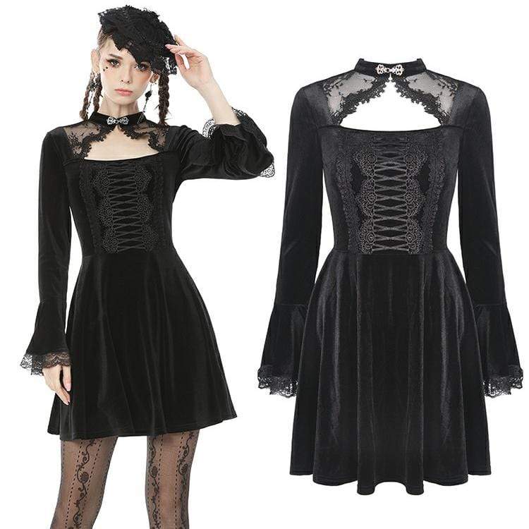 Women's Vintage Gothic Cutout Lacing Velet Dresses with Lace Sleeves