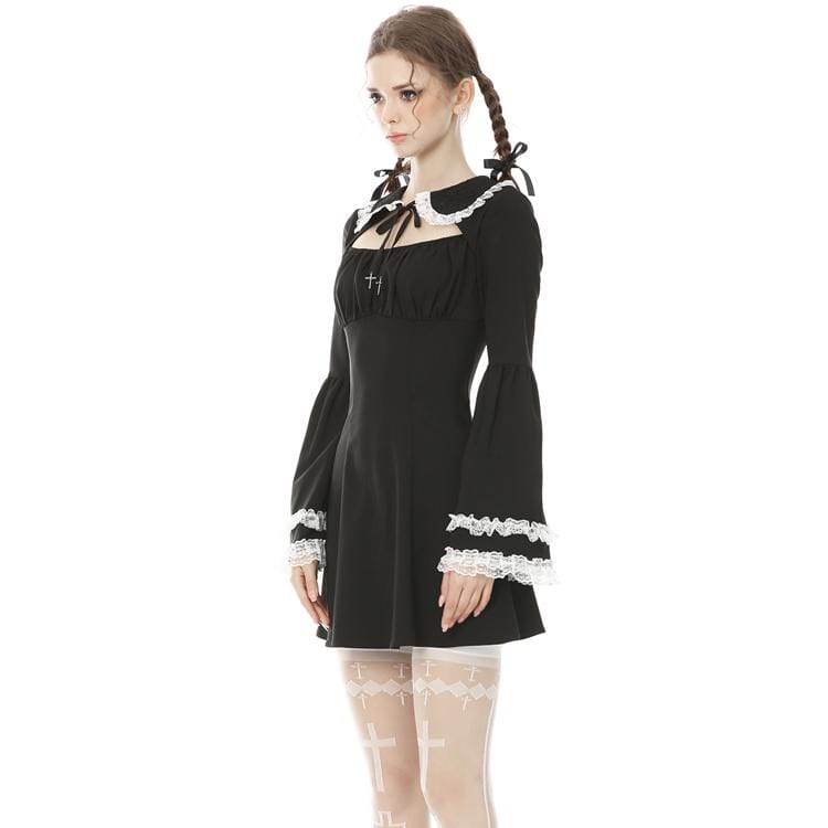 Women's Vintage Gothic Puff Sleeves Black Little Dresses Maid Dresses
