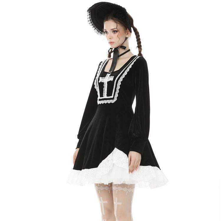 Women's Vintage Gothic Puff Sleeves Black Little Dresses Maid Dresses with Lace Hem