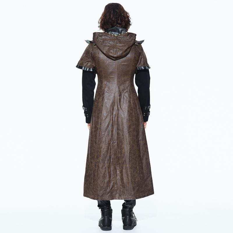 DEVIL FASHION Men's Goth Faux Leather Duotone Long Coat