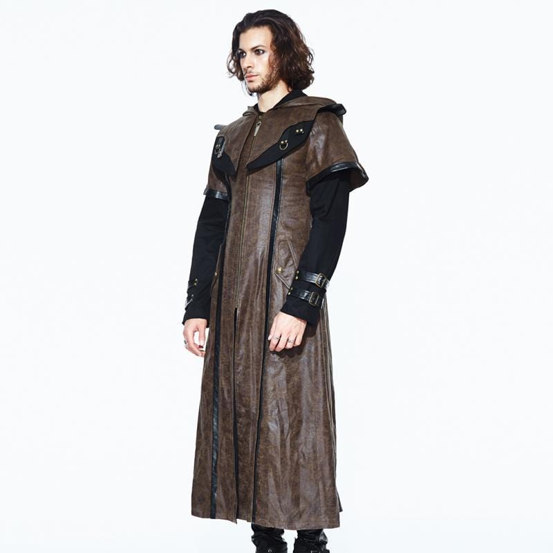 DEVIL FASHION Men's Goth Faux Leather Duotone Long Coat