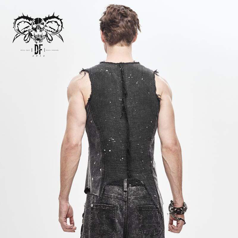 DEVIL FASHION Men's Goth Festival V-neck Ripped Buckle Straps Vests