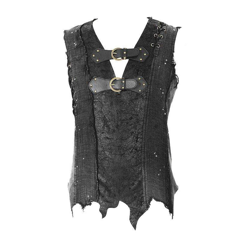 DEVIL FASHION Men's Goth Festival V-neck Ripped Buckle Straps Vests