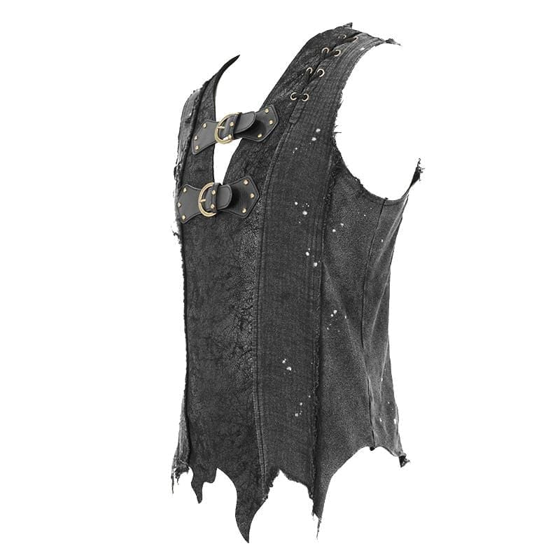 DEVIL FASHION Men's Goth Festival V-neck Ripped Buckle Straps Vests