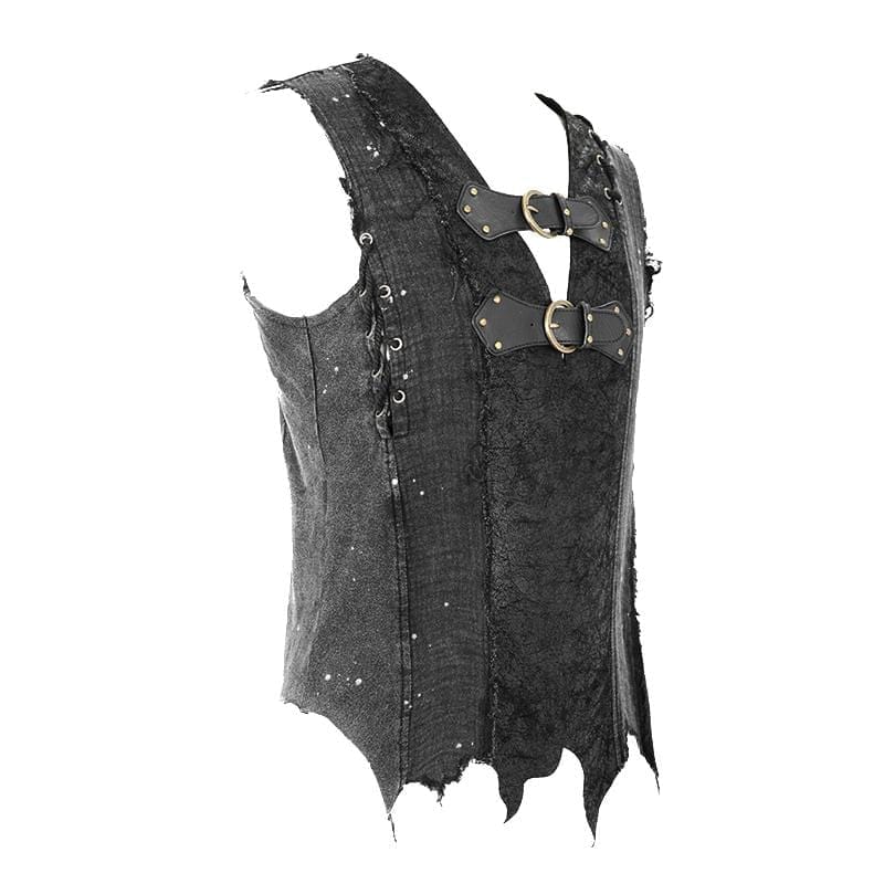 DEVIL FASHION Men's Goth Festival V-neck Ripped Buckle Straps Vests