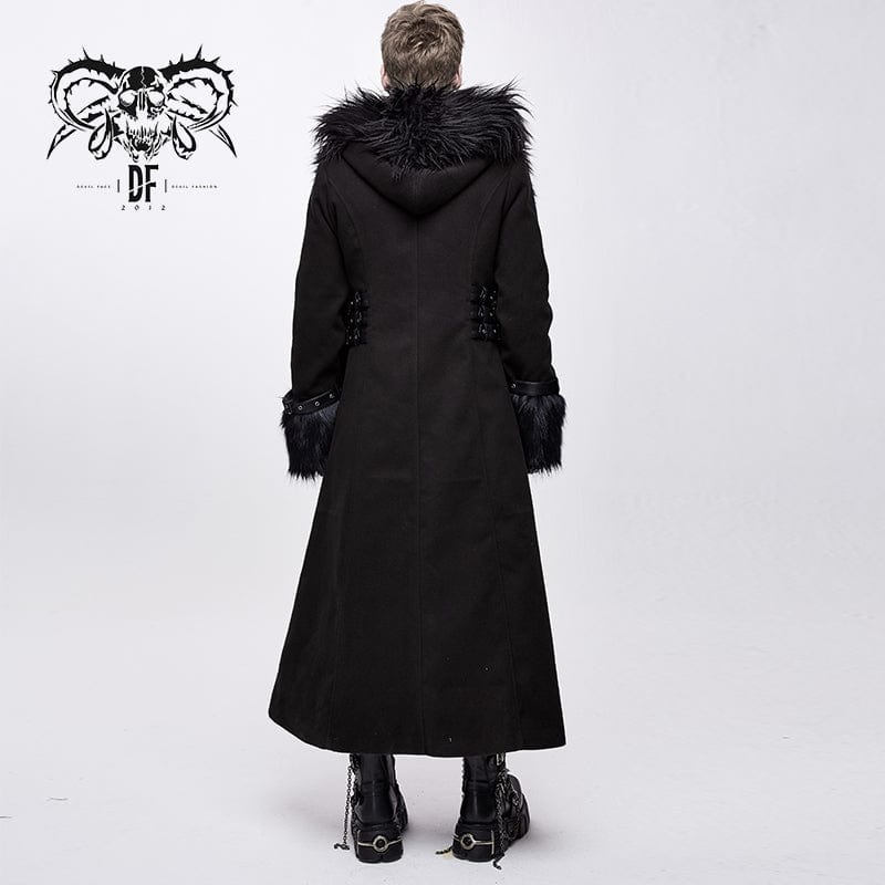 Devil Fashion Men's Goth Fur Collar Hooded Woolen Overcoat
