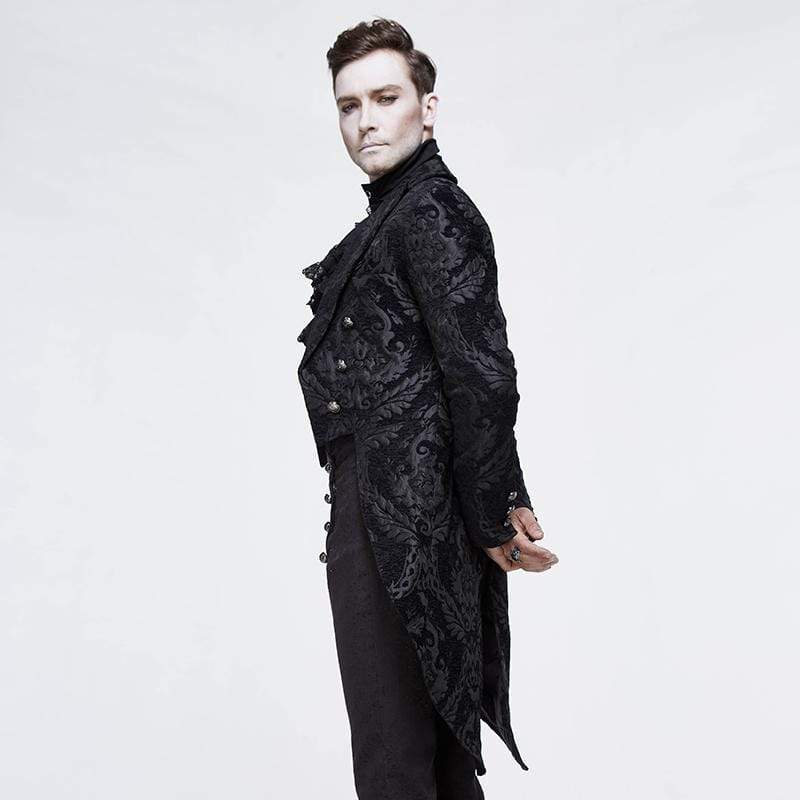 DEVIL FASHION Men's Goth Jacquard Double-breasted Black Dovetail Overcoat
