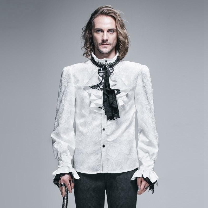 DEVIL FASHION Men's Goth Style Self Design Shirt with Jabot