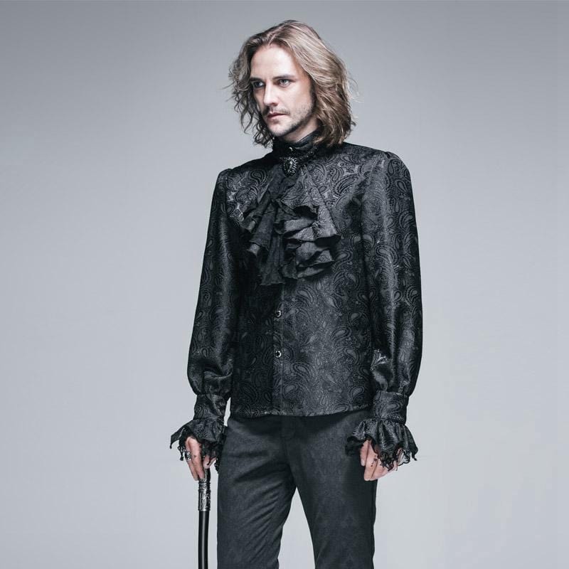 DEVIL FASHION Men's Goth Style Self Design Shirt with Jabot