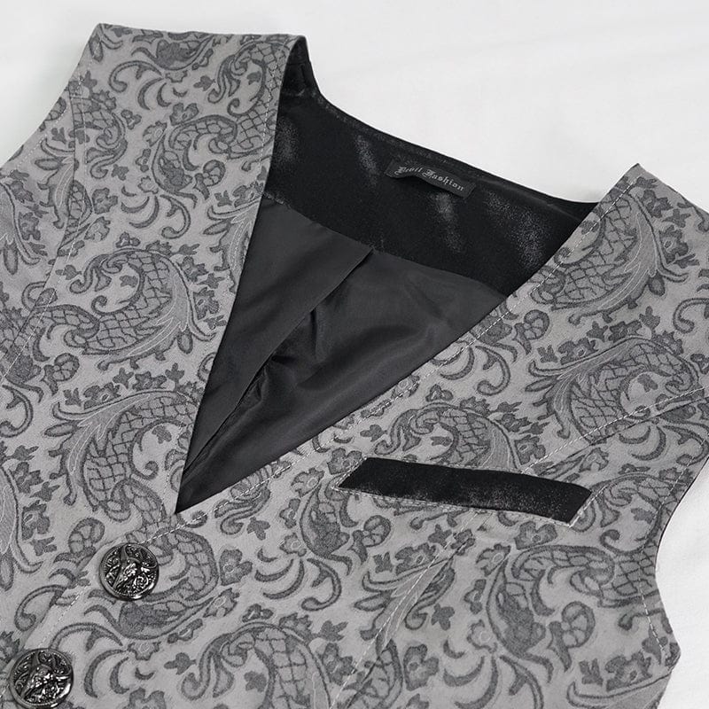 DEVIL FASHION Men's Gothic Cashew Printed Swallow-tailed Waistcoat Grey
