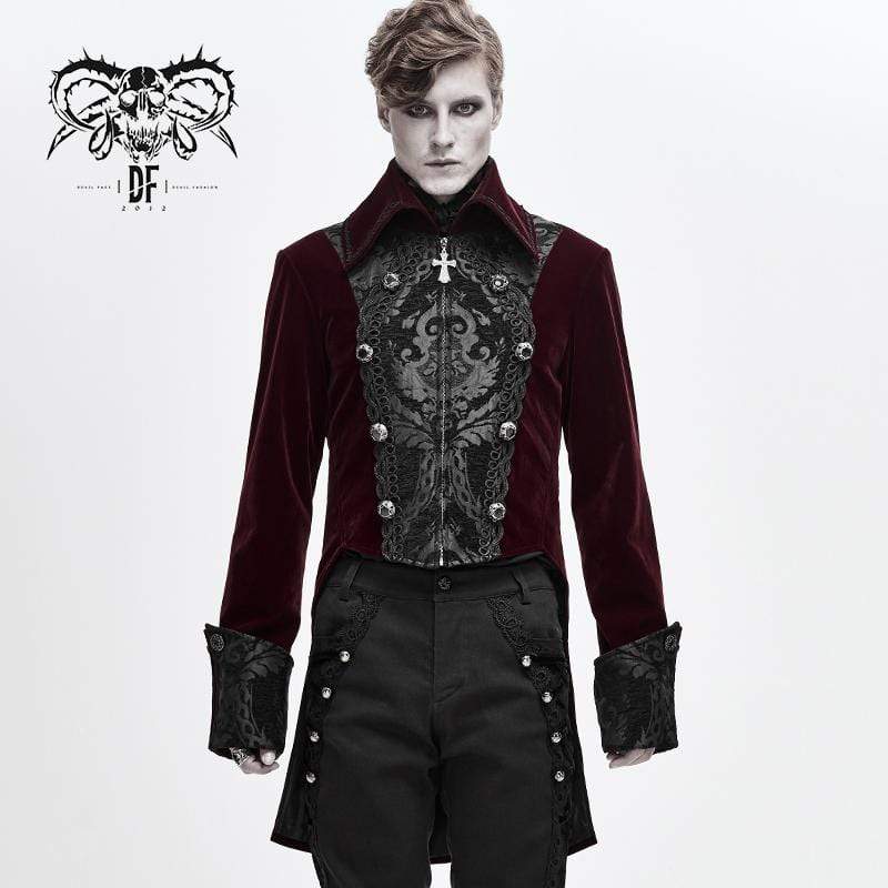 Men's Gothic Contrast Color Cross Zip Tailcoats Red