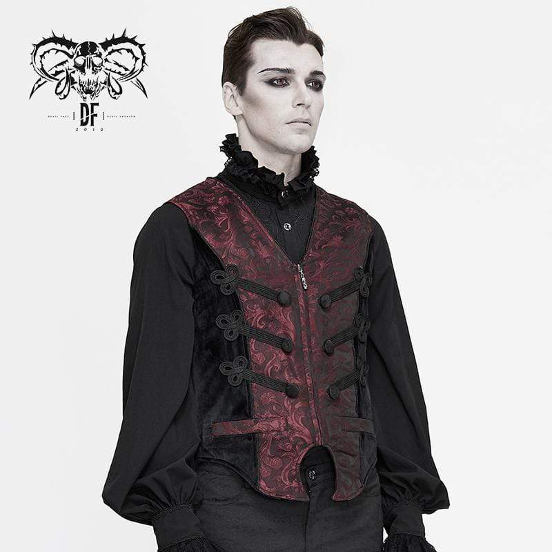 Men's Gothic Contrast Color Zip Jacquard Tailed Vests Dark Red
