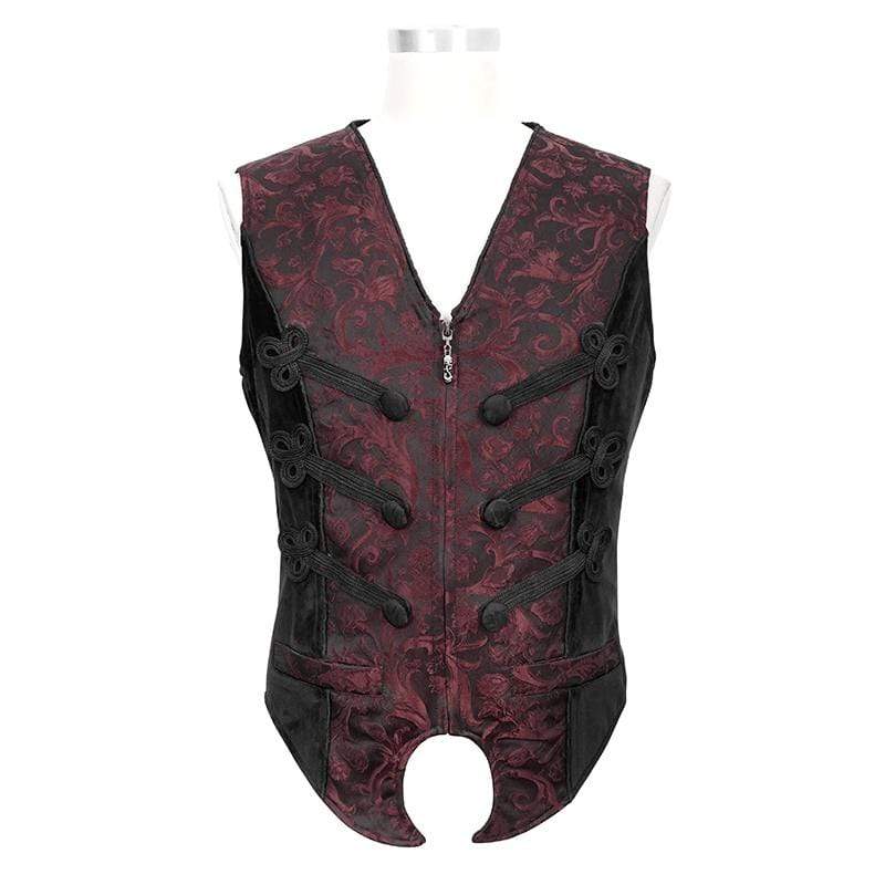 Men's Gothic Contrast Color Zip Jacquard Tailed Vests Dark Red