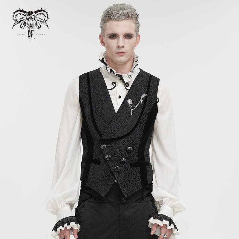 DEVIL FASHION Herren Weste im Gothic-Stil mit Prägung und Brosche, Schwarz