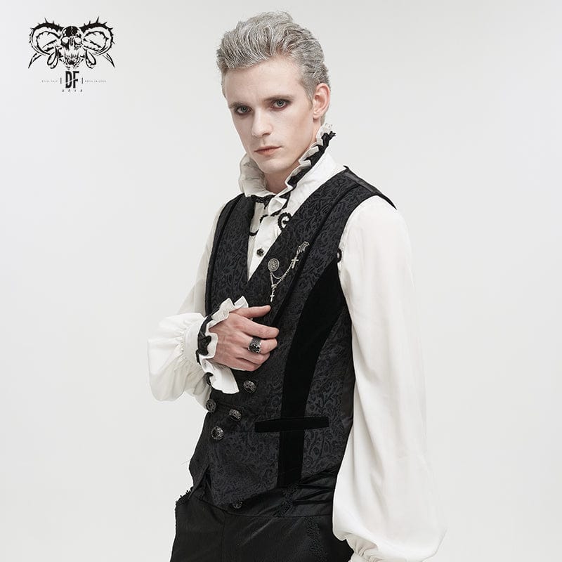 DEVIL FASHION Men's Gothic Embossed Waistcoat with Brooch Black