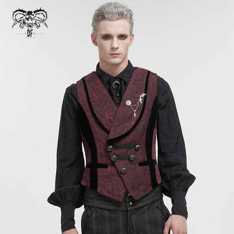 DEVIL FASHION Herren Weste im Gothic-Stil mit Prägung und Brosche, Rot