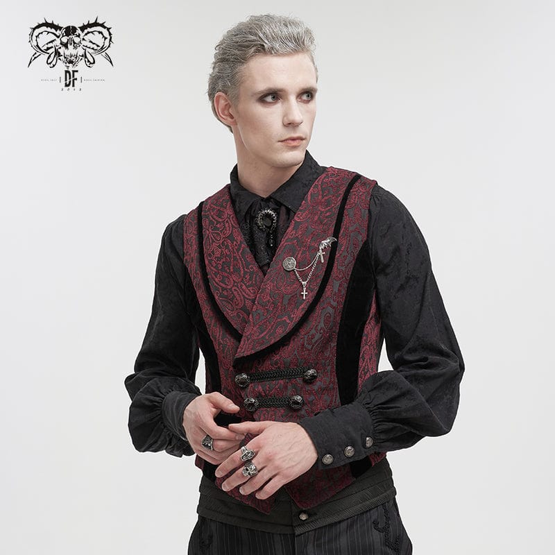 DEVIL FASHION Herren Weste im Gothic-Stil mit Prägung und Brosche, Rot