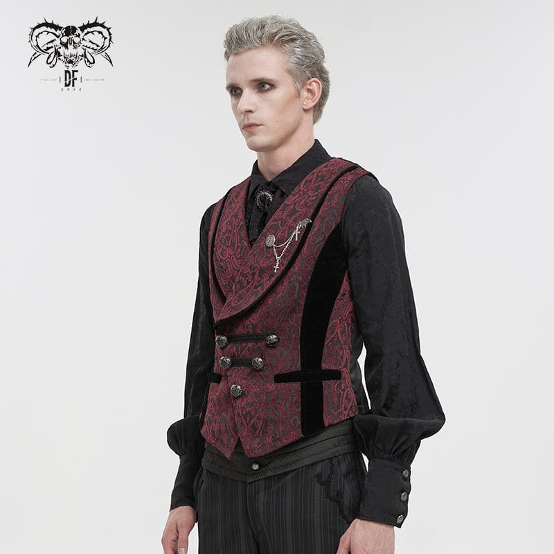 DEVIL FASHION Herren Weste im Gothic-Stil mit Prägung und Brosche, Rot