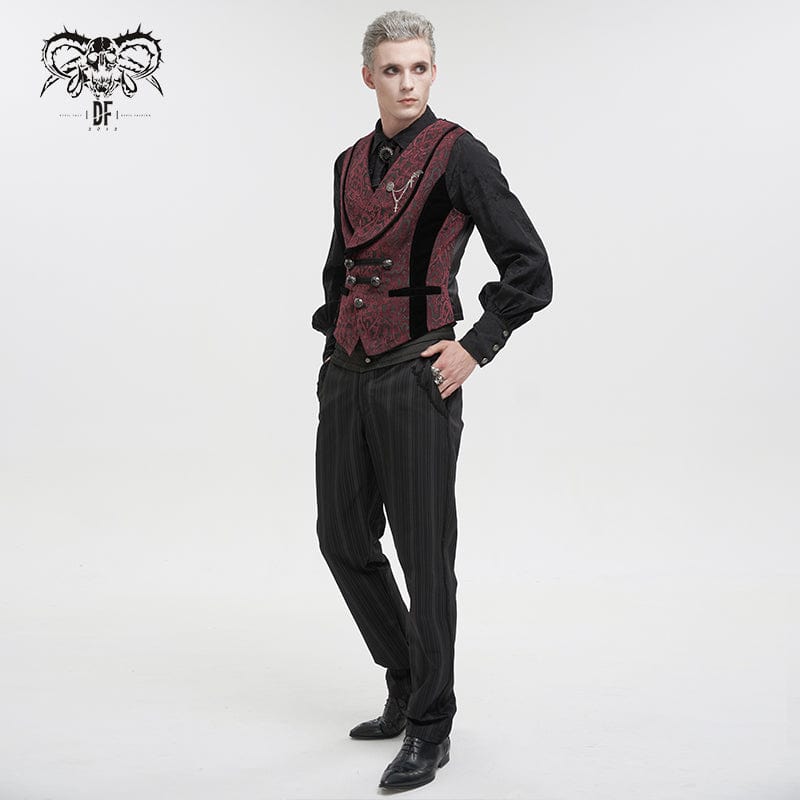 DEVIL FASHION Herren Weste im Gothic-Stil mit Prägung und Brosche, Rot
