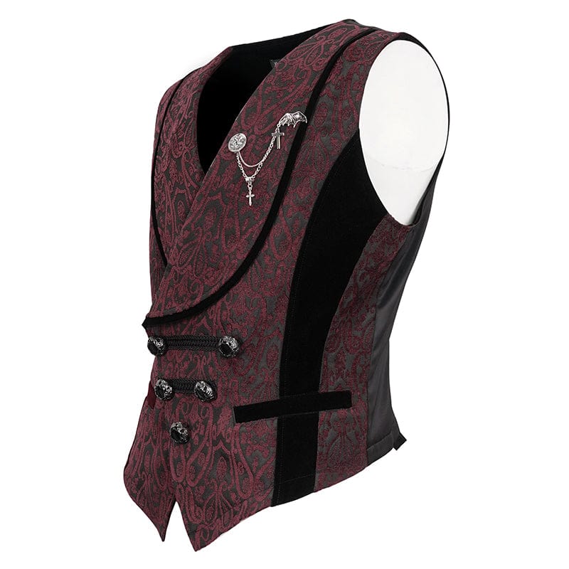 DEVIL FASHION Men's Gothic Embossed Waistcoat with Brooch Red