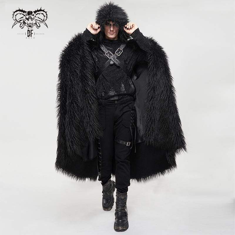 DEVIL FASHION Men's Gothic Faux Fur Buckle Coat with Hood