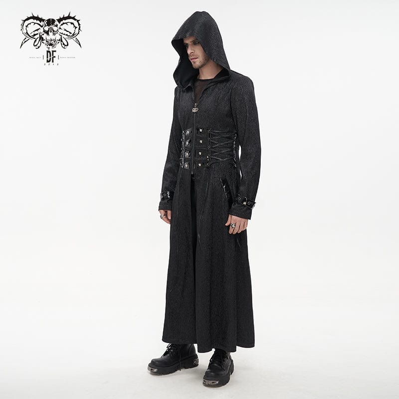 DEVIL FASHION Men's Gothic Faux Leahter Splice Long Coat with Hood