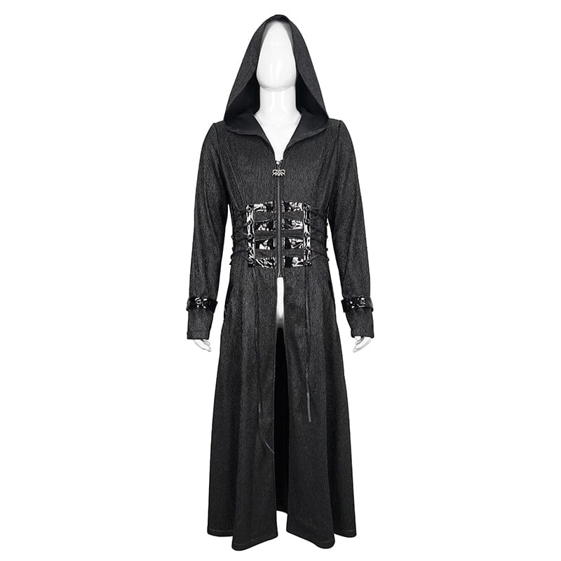 DEVIL FASHION Men's Gothic Faux Leahter Splice Long Coat with Hood