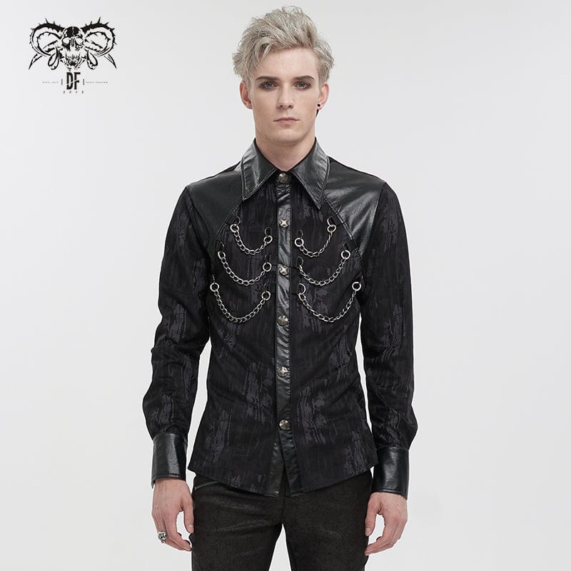 DEVIL FASHION Men's Gothic Faux Leather Splice Chain Shirt