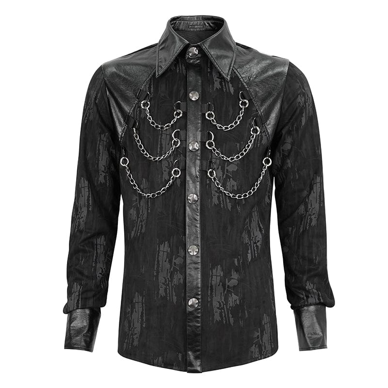 DEVIL FASHION Men's Gothic Faux Leather Splice Chain Shirt