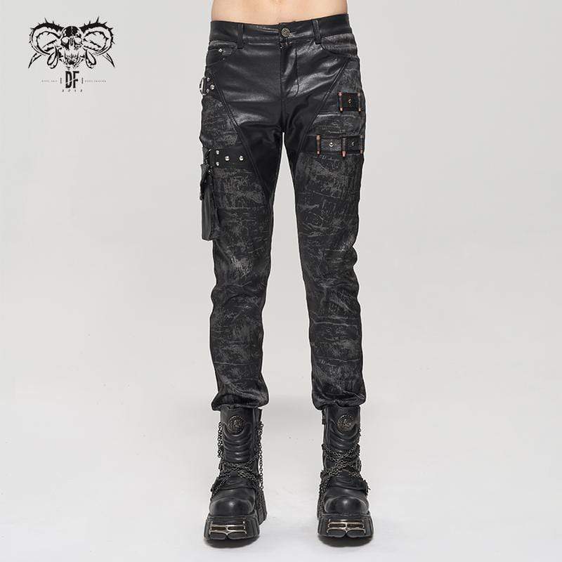 DEVIL FASHION Men's Gothic Faux Leather Splice Multi-pocket Pants