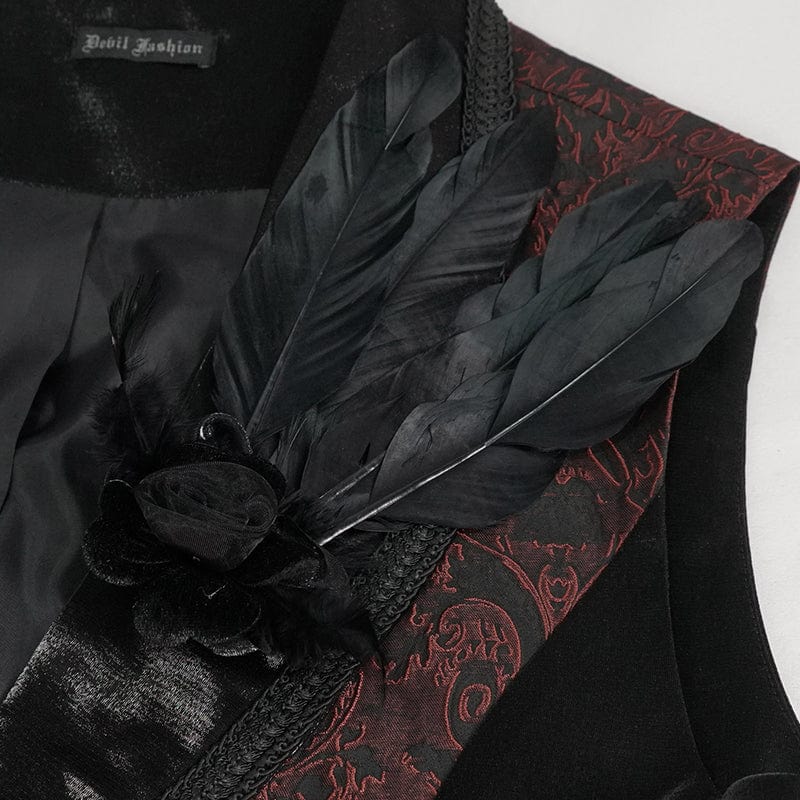 DEVIL FASHION Men's Gothic Feather Swallow-tailed Waistcoat Red