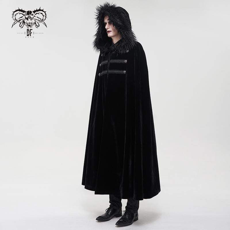 DEVIL FASHION Men's Gothic Floral Long Coat with Hood Black