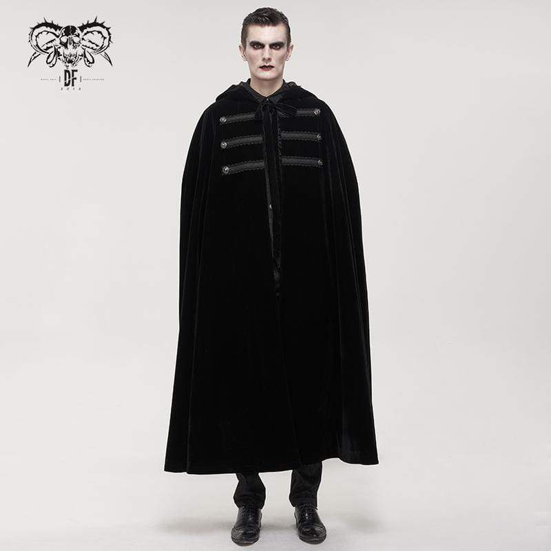 DEVIL FASHION Men's Gothic Floral Long Coat with Hood Black