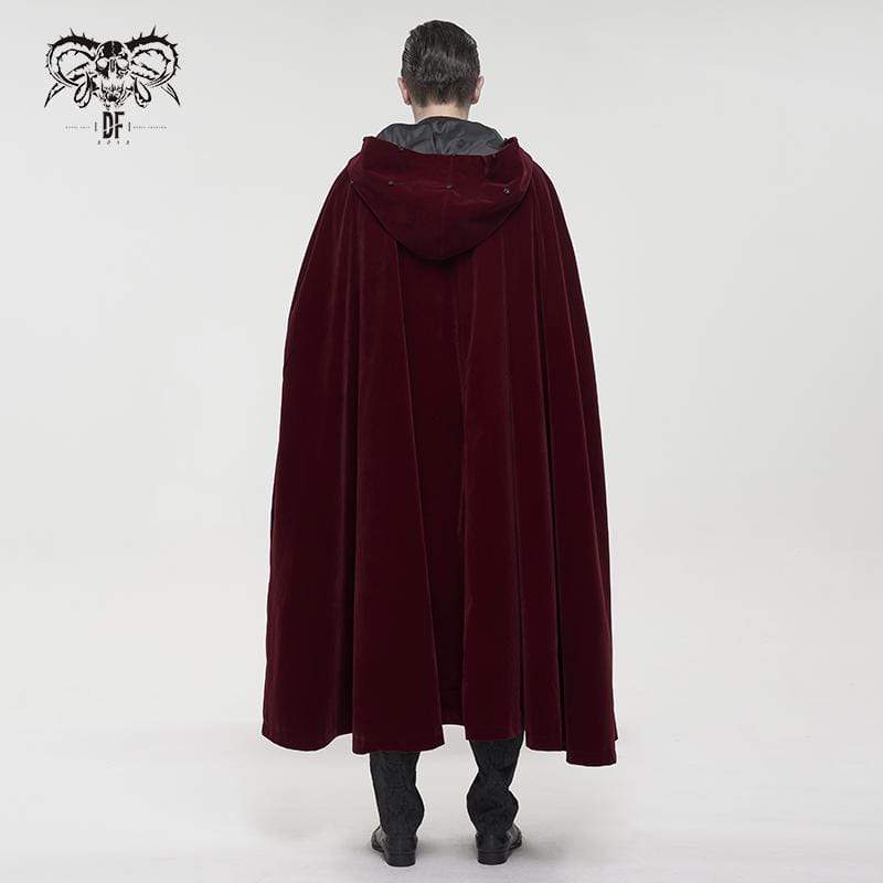 DEVIL FASHION Men's Gothic Floral Long Coat with Hood Red