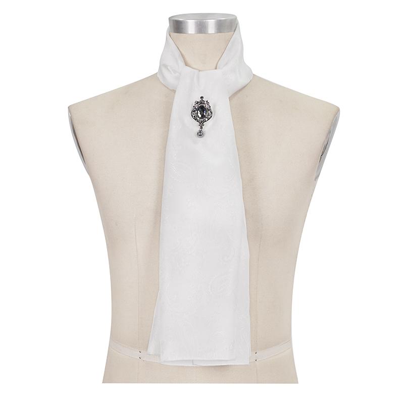 DEVIL FASHION Men's Gothic Floral Printed Crystal Stone Necktie White