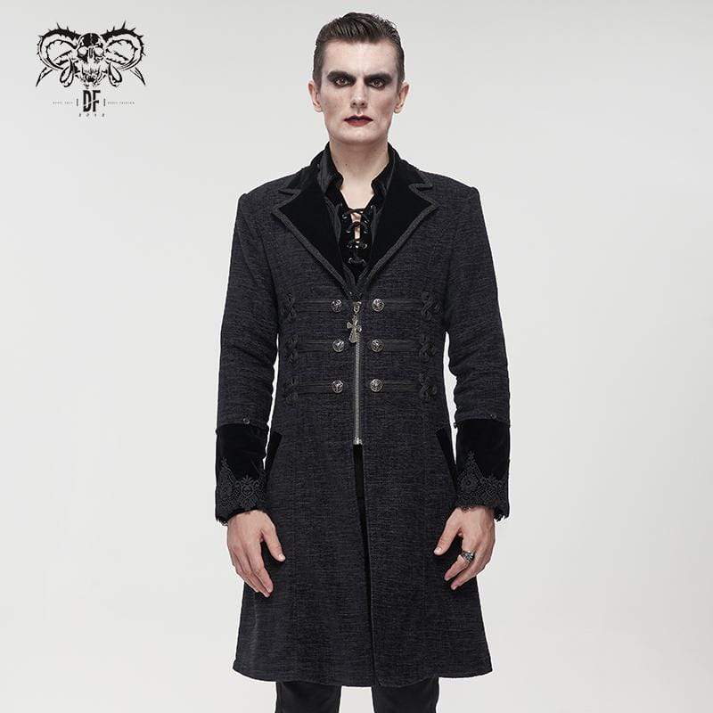 DEVIL FASHION Men's Gothic Floral Zipper Coat with Detachable Faux Fur