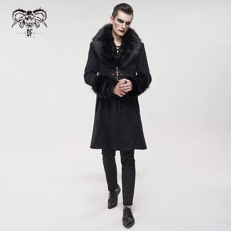 DEVIL FASHION Men's Gothic Floral Zipper Coat with Detachable Faux Fur