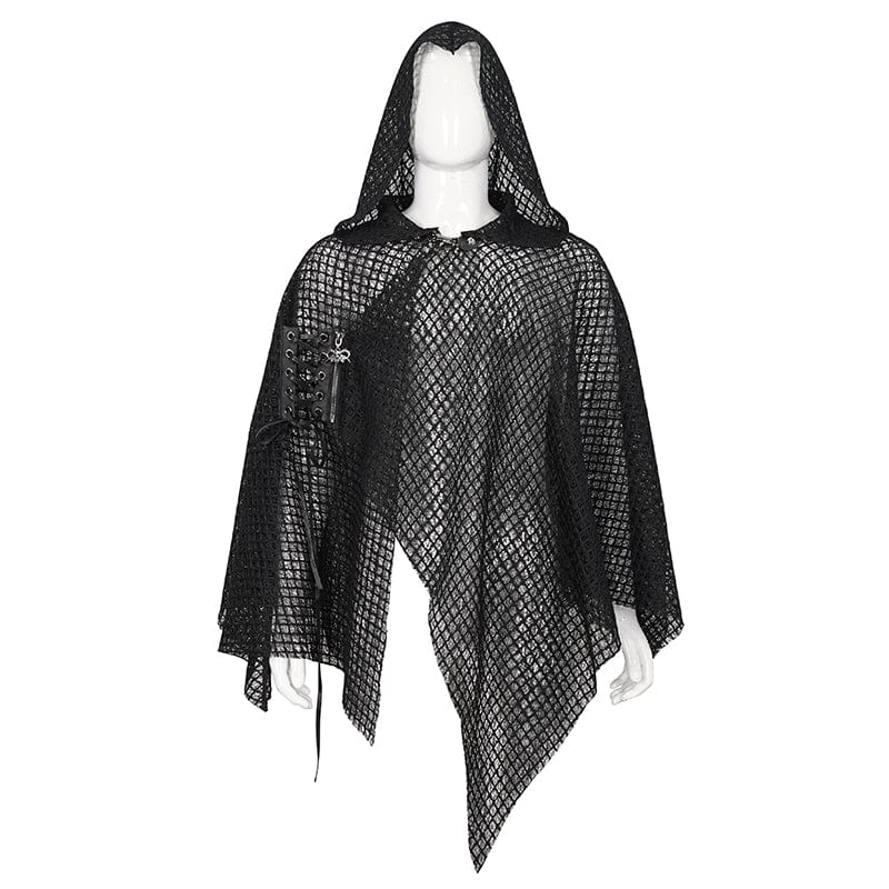DEVIL FASHION Men's Gothic Irregular Mesh Cloak with Hood
