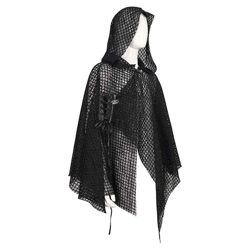DEVIL FASHION Men's Gothic Irregular Mesh Cloak with Hood